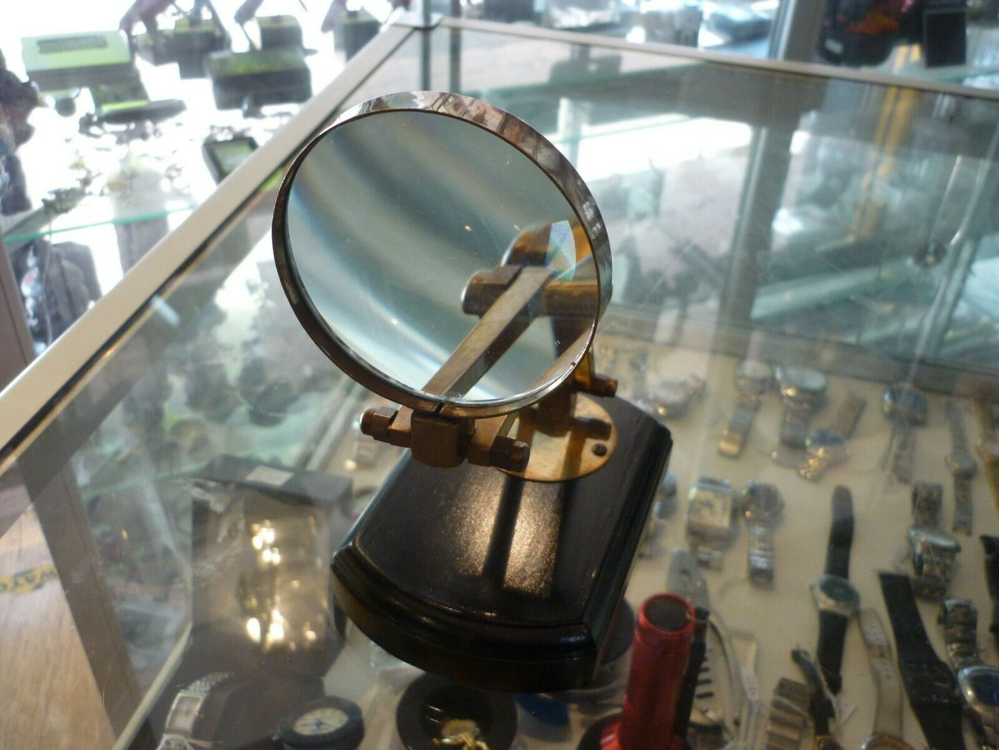 REPLICA VICTORIAN MARINE FOLDING BRASS MAGNIFYING GLASS WOOD BASE / NAUTICAL