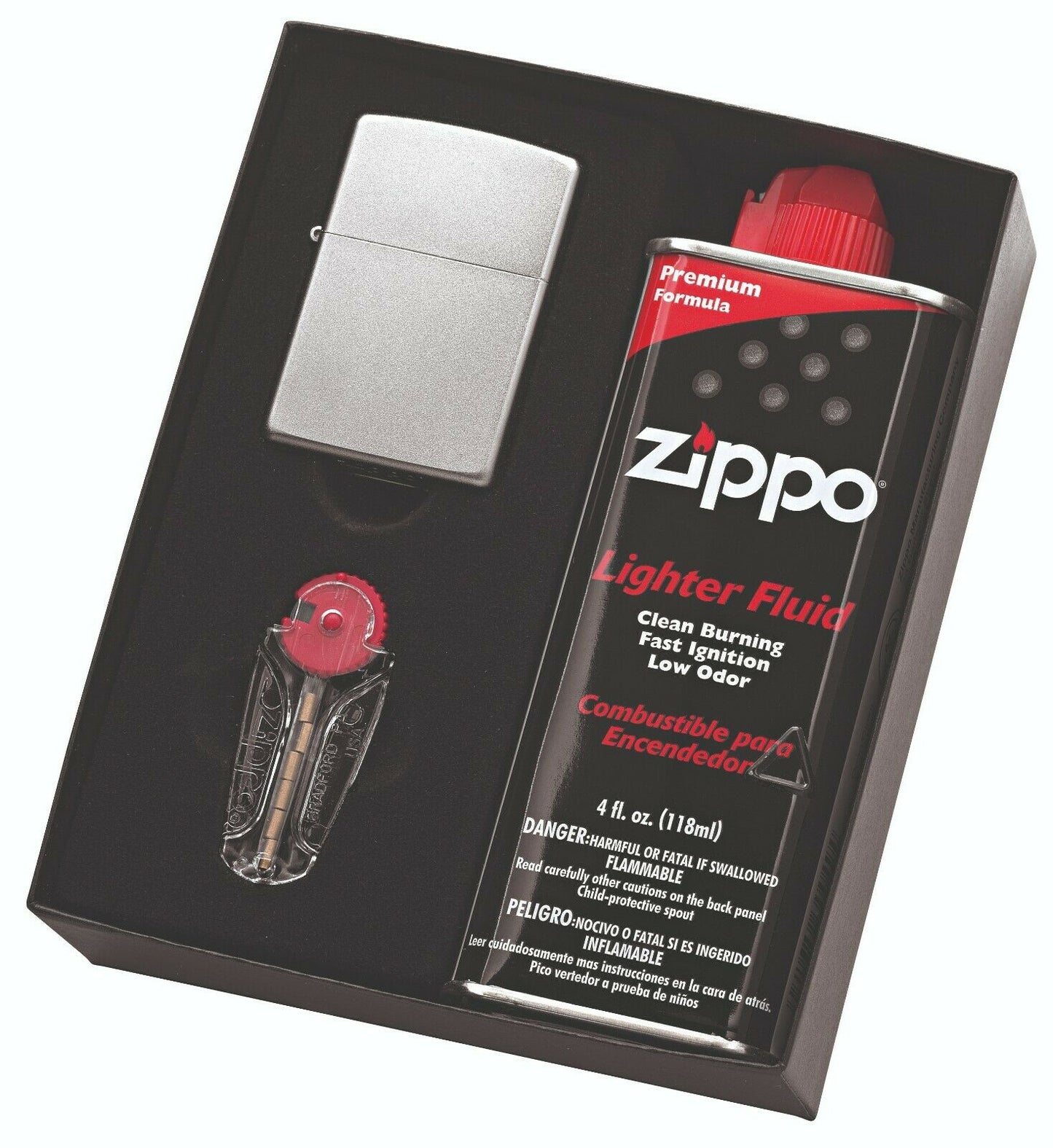 GENUINE ZIPPO SATIN CHROME LIGHTER GIFT BOX 90207GP WITH FLUID + FLINTS